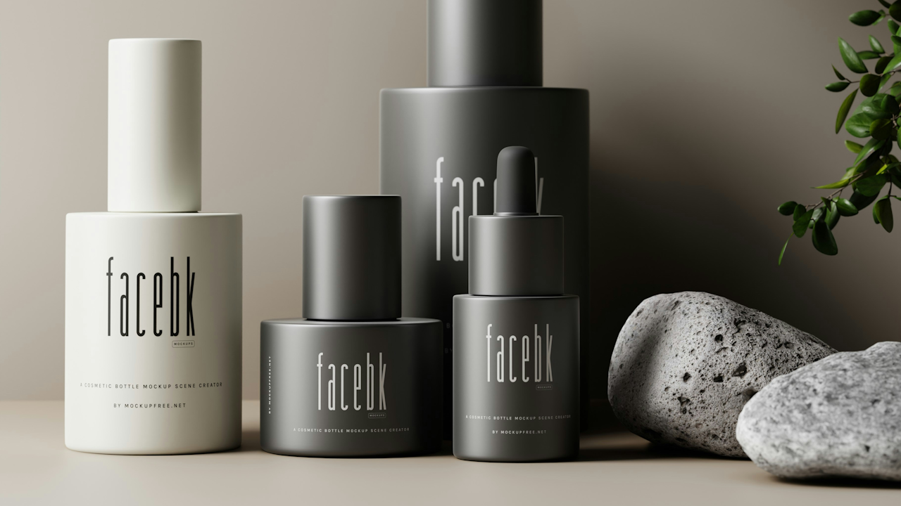A group of black cylindrical containers arranged together, likely for cosmetics or skin care products. The setting appears to be indoors with a minimalist design.