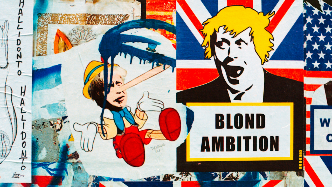 Collage with Pinocchio, a blonde figure, Union Jack, and American flag, featuring "BLOND AMBITION" text and "HALIDONTO" graffiti.