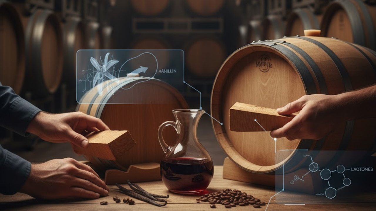 Hands sampling aged wine from barrel, with AR overlays showing vanillin and lactones molecules in winery cellar.