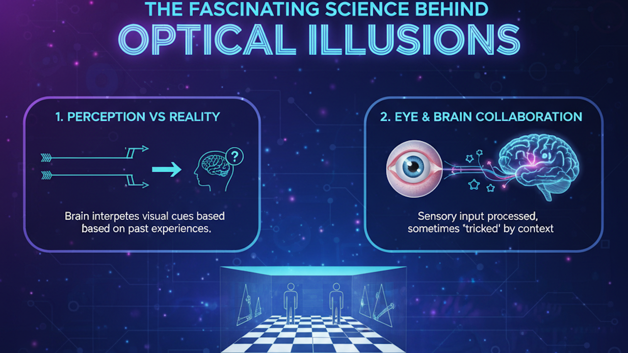 Infographic on optical illusions science, showing brain perception, eye-brain collaboration, and checkerboard illusion with figures.