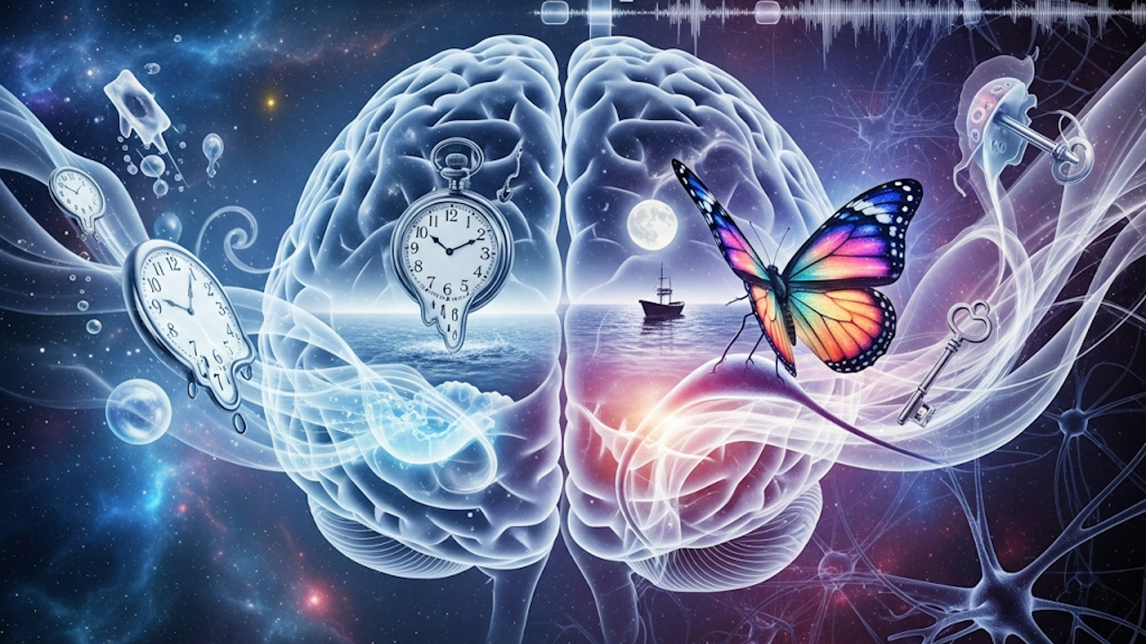 A surreal image of a glowing human brain split in two, with the left side showing melting clocks and the right side showing a butterfly.