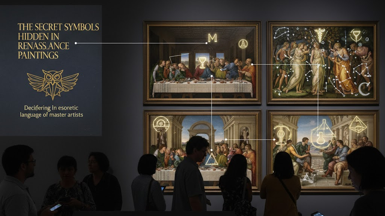 Museum exhibit on secret symbols in Renaissance paintings, with overlaid esoteric icons on artworks and visitors observing.