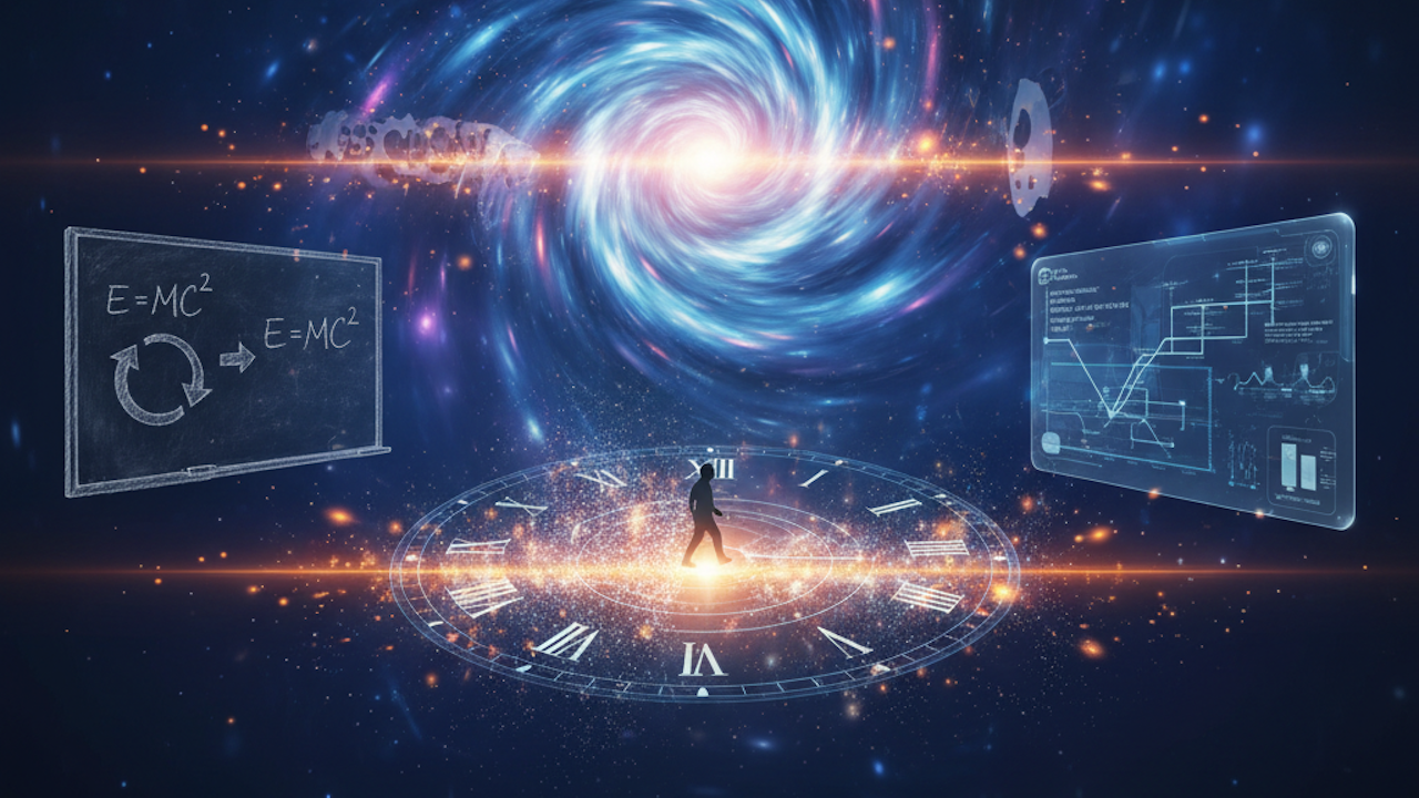 A person walking inside a clock surrounded by mathematical equations and cosmic elements.