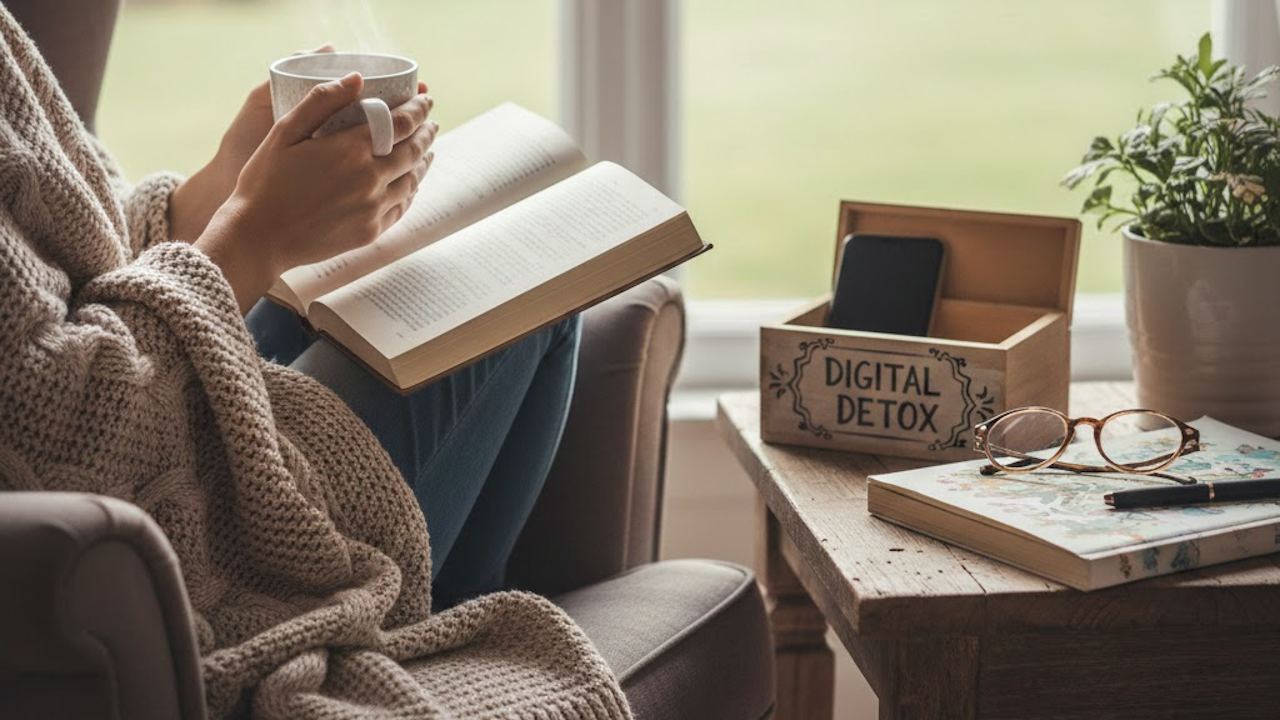 Warm indoor moment: woman in oversized jumper sips tea while reading book, phone placed inside labelled "DIGITAL DETOX" wooden box.
