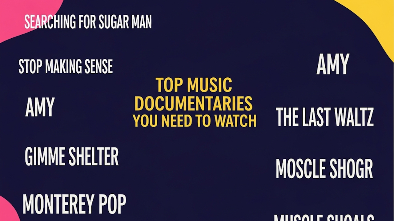 A blue background featuring white text that reads: "SEARCHING FOR SUGAR MAN STOP MAKING SENSE AMY TOP MUSIC AMY DOCUMENTARIES YOU NEED TO WATCH THE LAST WALTZ GIMME SHELTER MOSCLE SHOGR MONTEREY POP."