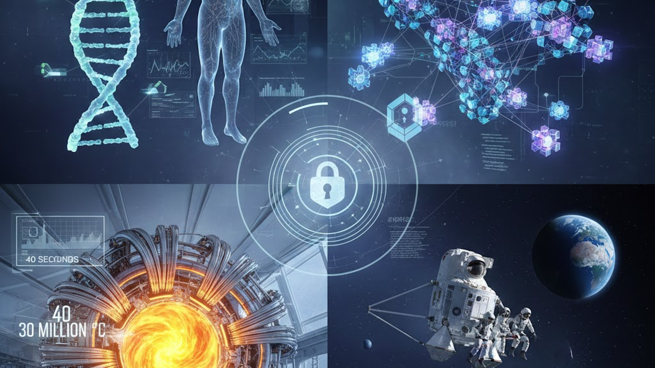 Futuristic science collage: glowing DNA helix with human silhouette, neural network nodes, secure lock icon, fusion reactor plasma, and astronauts in space near Earth.