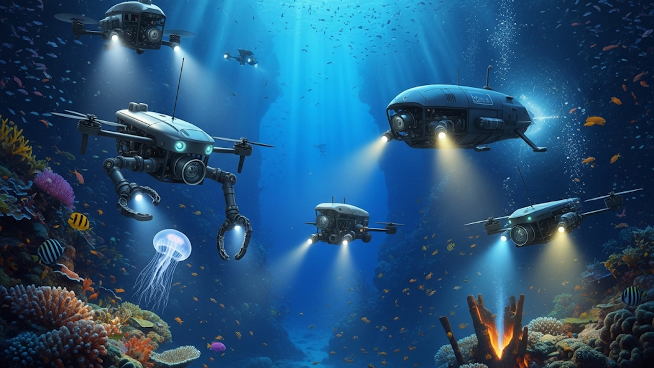 Underwater drones explore coral reefs with robotic arms, lights, and cameras, surrounded by fish, jellyfish, and marine life in a deep ocean scene.