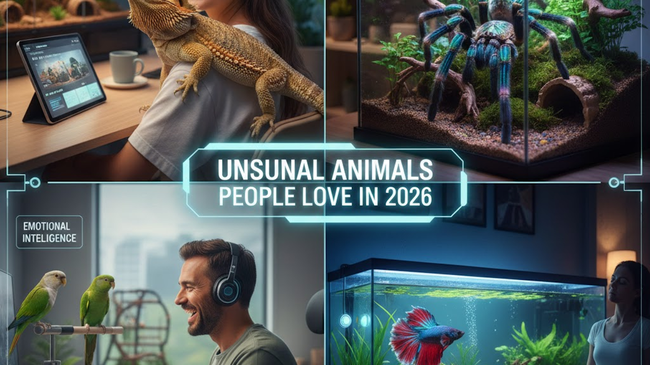 Vibrant 2026 collage: Bearded dragon on shoulder, blue tarantula, parrots with smiling man, colorful betta fish. Unusual pets people love for emotional connection.