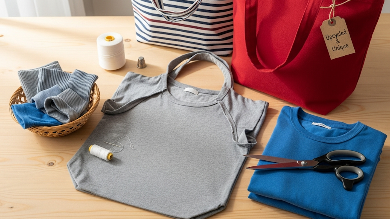 Image of Upcycling Old Clothes: T-Shirts into Tote Bags. It shows two finished bags and the materials for the next one.