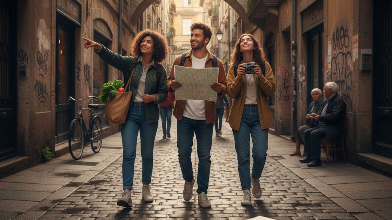 Three joyful young friends exploring a charming historic alley, one pointing ahead, another holding a map, third with camera and market bag of produce.
