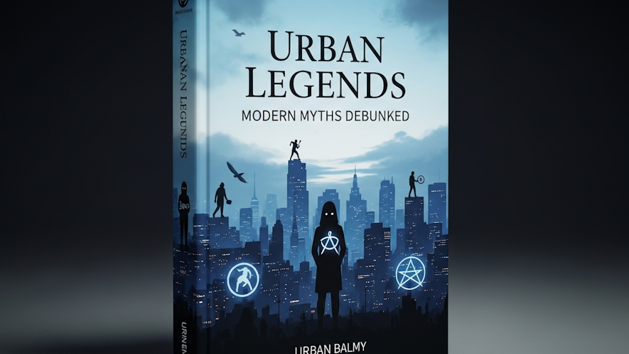 A book cover featuring a cityscape with silhouettes of people against a backdrop. The title reads "Urban Legends: Modern Myths Debunked."