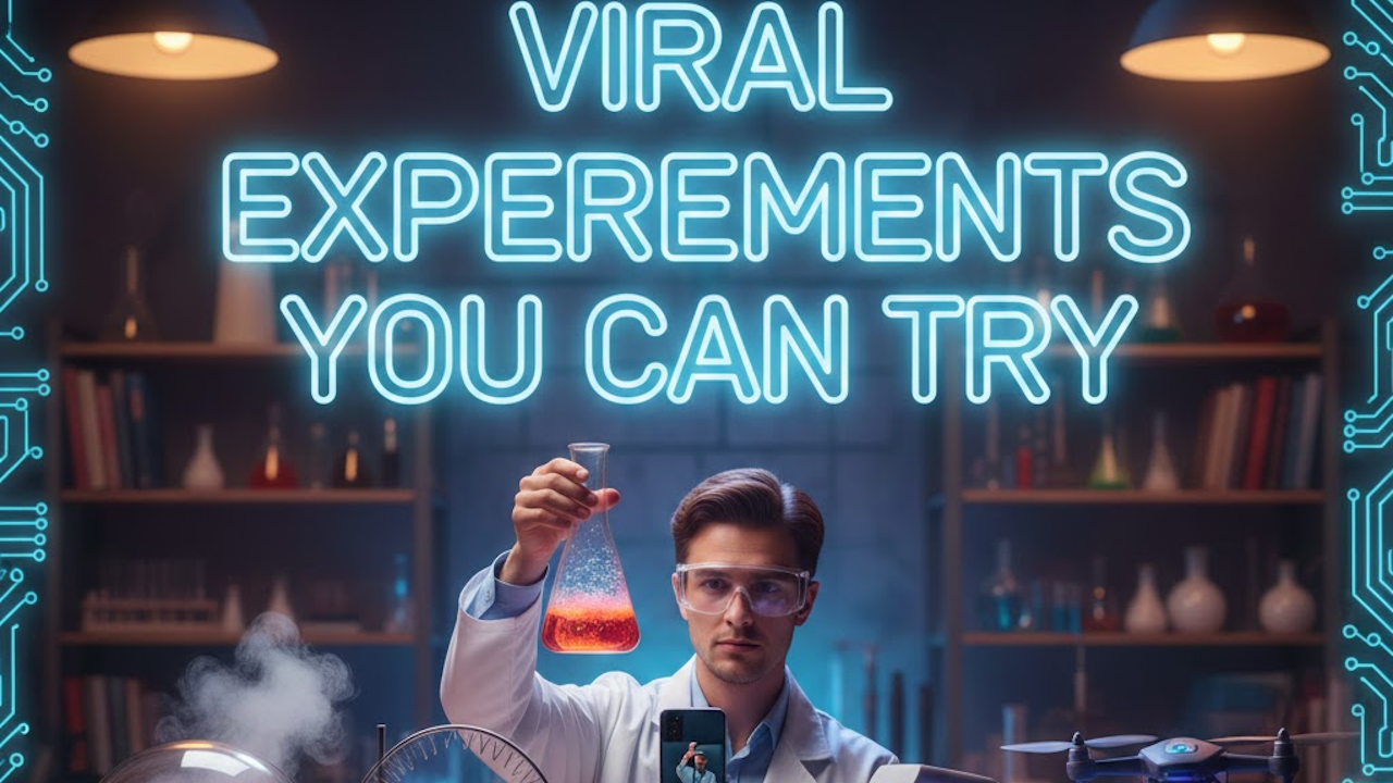 Man in lab coat and safety goggles holds glowing red-orange flask in futuristic lab, surrounded by neon "VIRAL EXPERIMENTS YOU CAN TRY" sign, bookshelves, beakers, drone, and smartphone.