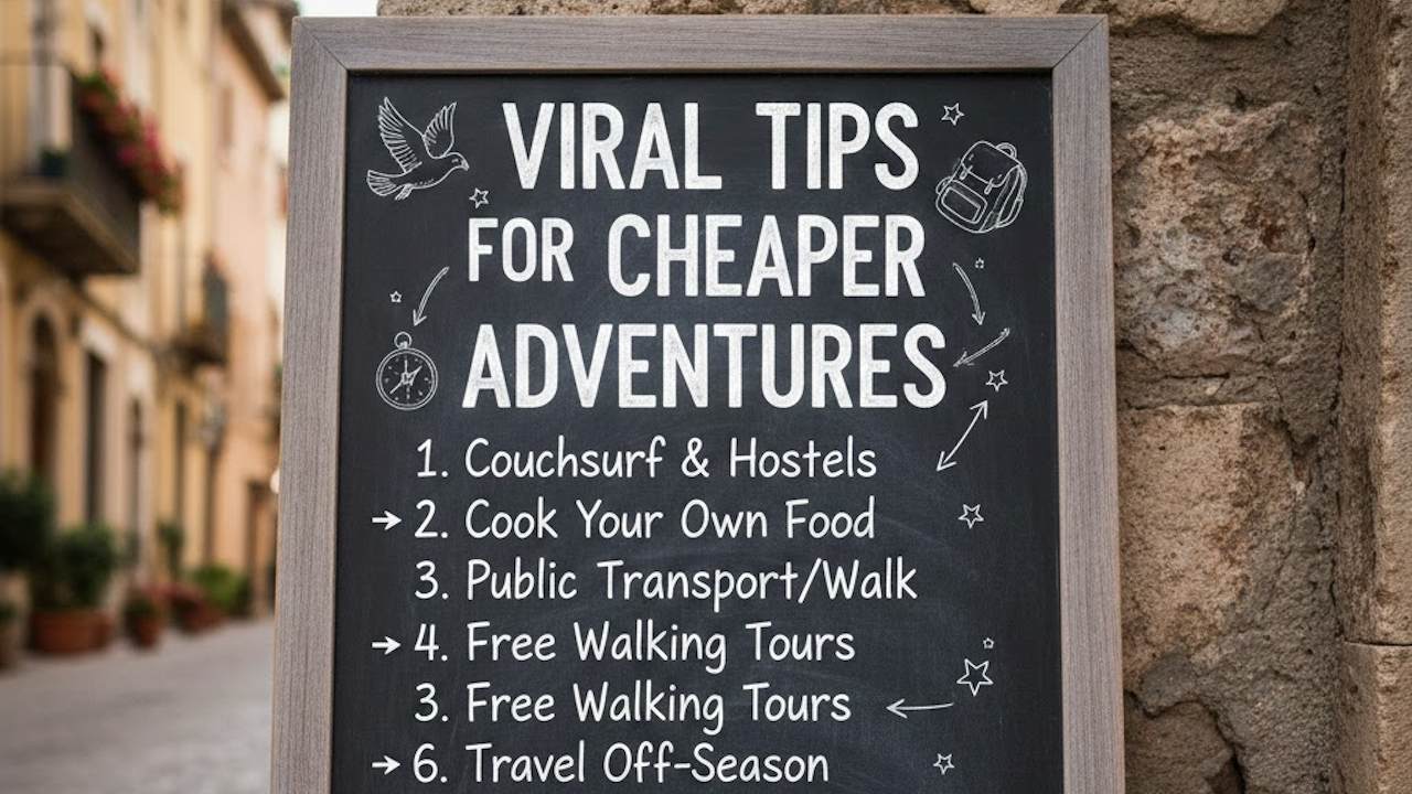 Chalkboard sign on a stone wall titled "VIRAL TIPS FOR CHEAPER ADVENTURES," listing budget travel hacks like Couchsurfing, cooking own food, public transport, free walking tours, and off-season travel, with doodles.
