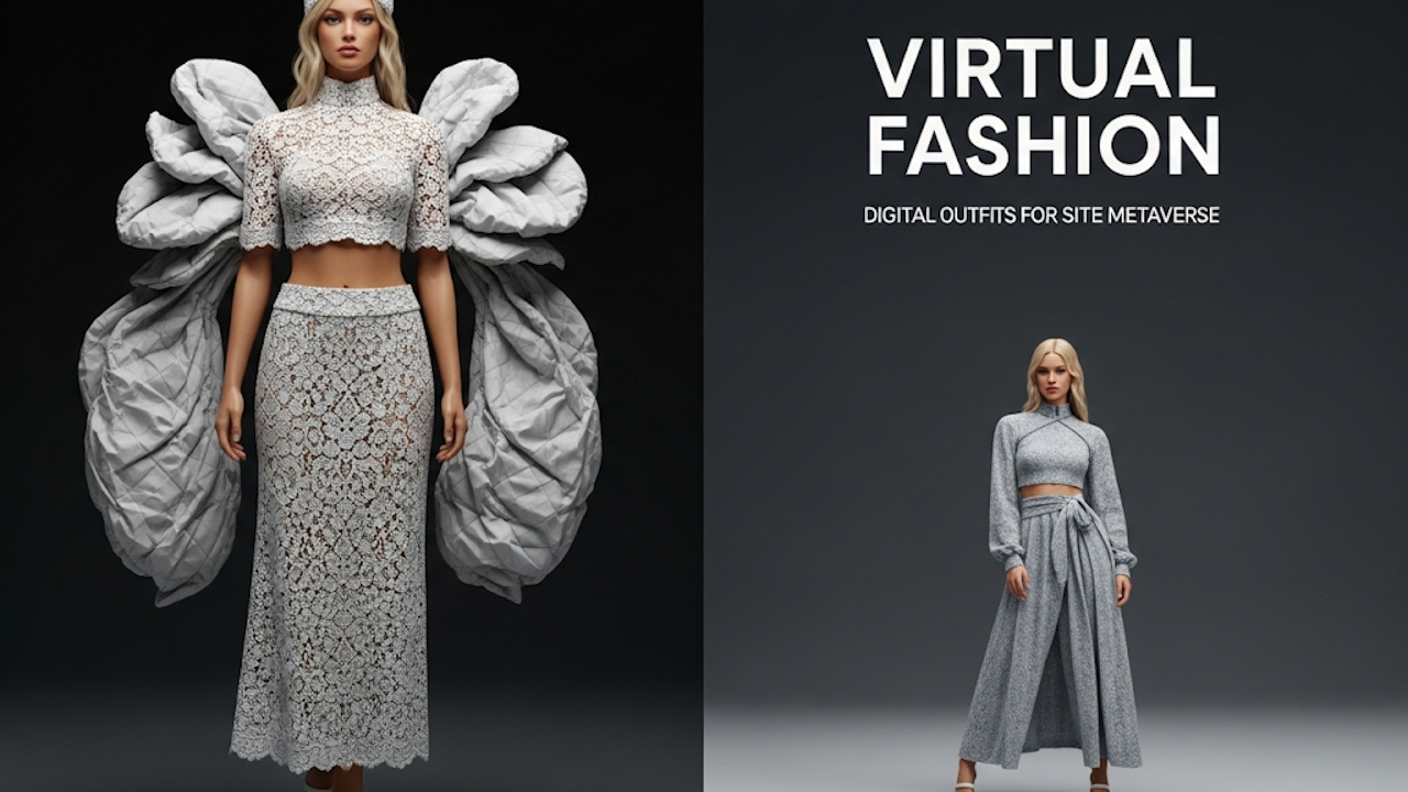 A woman wearing a dress in a virtual fashion setting, showcasing digital outfits designed for the metaverse, surrounded by elements of clothing and costume design in a cartoonish style.