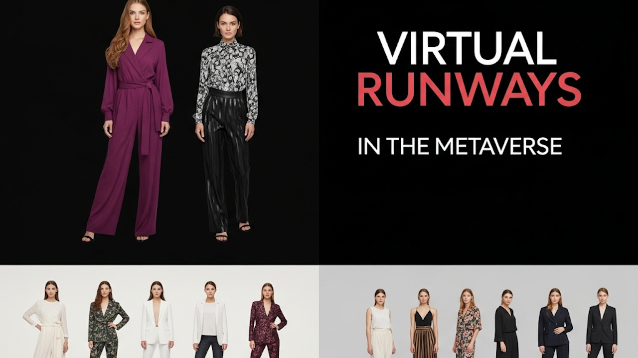 A group of women wearing a variety of outfits, showcasing different styles and fashion designs in a virtual runway setting.