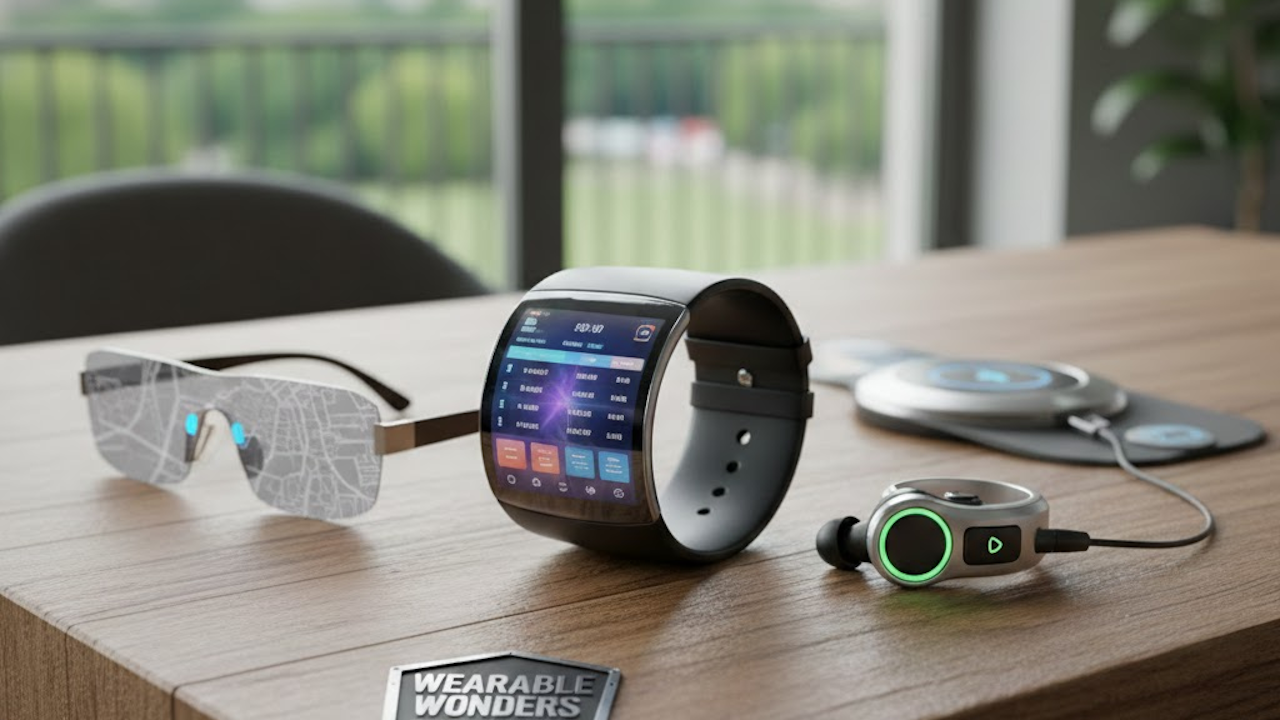 A futuristic array of wearable tech on a wooden desk: a curved-screen smartwatch displaying a vibrant interface, transparent AR glasses with holographic map overlay, compact wireless earbuds with glowing green accents connected by cable, and a wireless charging pad in a bright indoor setting with nature view outside.