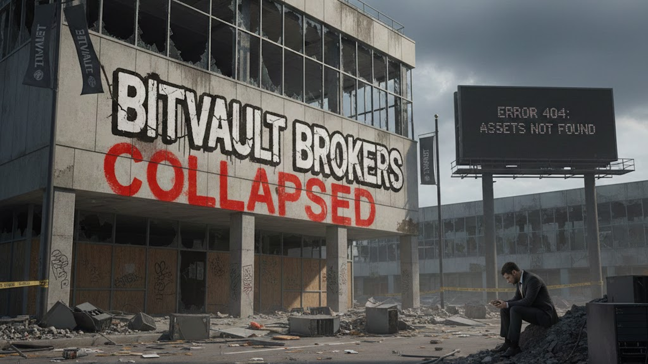 A devastated businessman in a suit sits amid rubble outside a ruined "BitTVault Brokers" building, marked "COLLAPSED," with a billboard displaying "ERROR 404: ASSETS NOT FOUND" under dark skies.