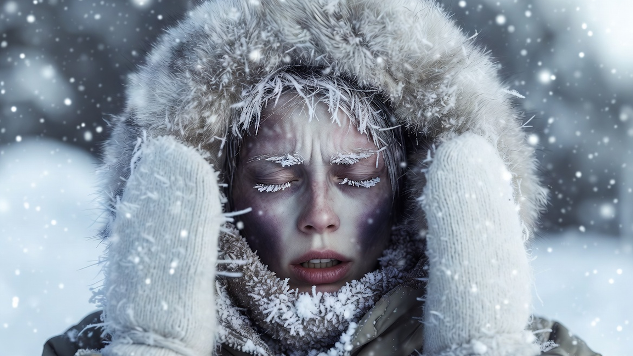 Young person in fur-lined hood, face frost-covered, eyes closed, enduring heavy snowfall in a blizzard.