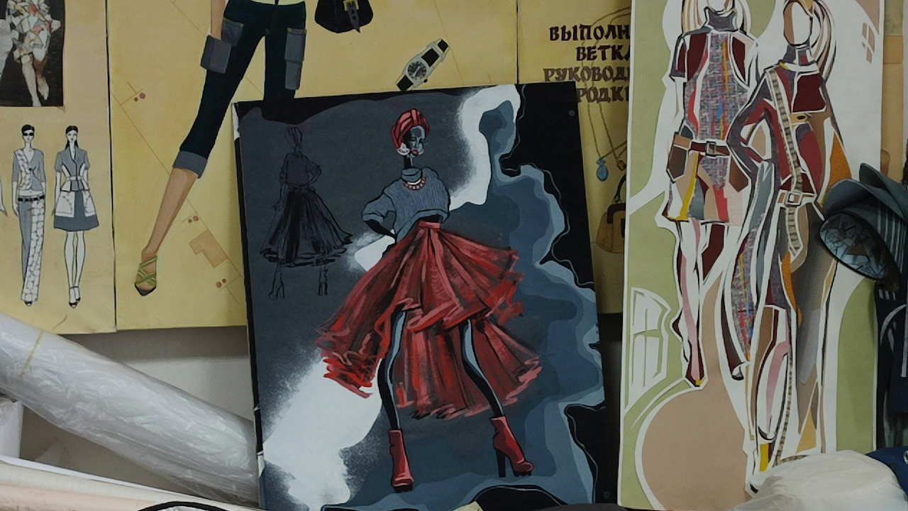 A painting of a woman wearing a red dress, sitting indoors. The artwork features cartoonish elements and art tools are visible in the setting.