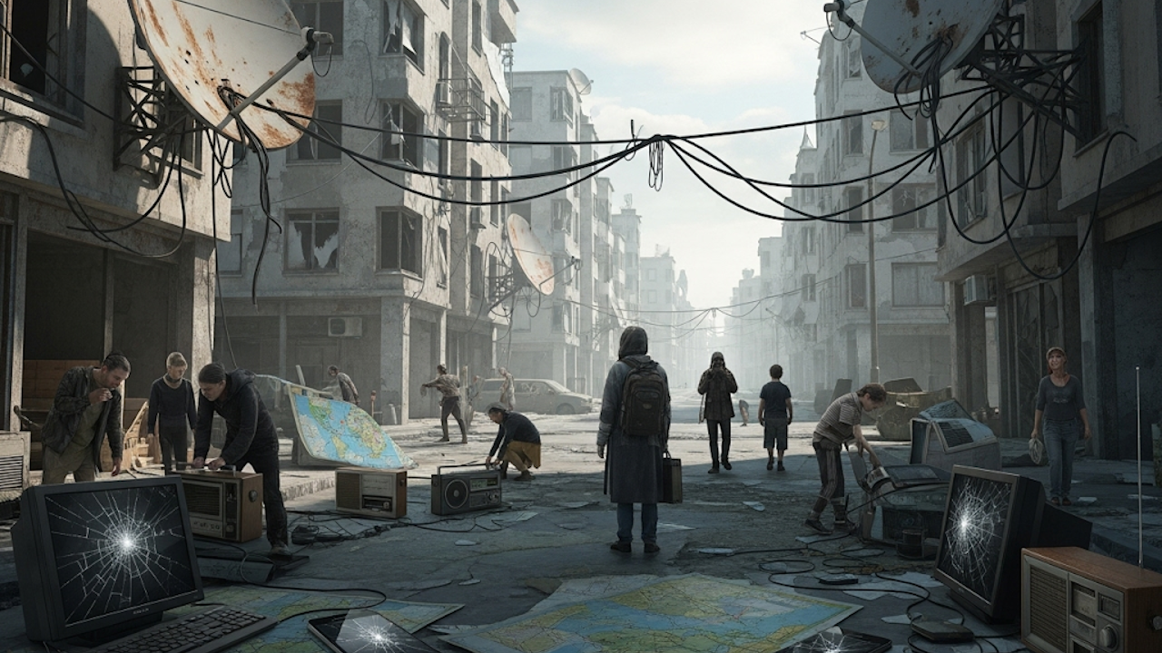 A post-apocalyptic urban scene with dilapidated buildings, tangled wires, and broken satellite dishes overhead. People are scattered across a debris-strewn street, examining damaged electronics like smashed monitors and radios. A large map lies on the ground, and a hazy sky adds to the desolate atmosphere.