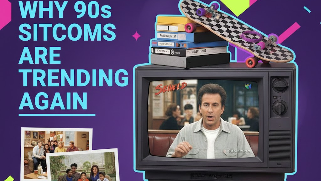 A vibrant purple graphic shows a retro CRT TV displaying Jerry Seinfeld in a classic episode, topped with stacked VHS tapes and a colorful skateboard. Small inset photos of Friends and other 90s sitcom casts surround it, with bold text asking why 90s sitcoms are trending again.
