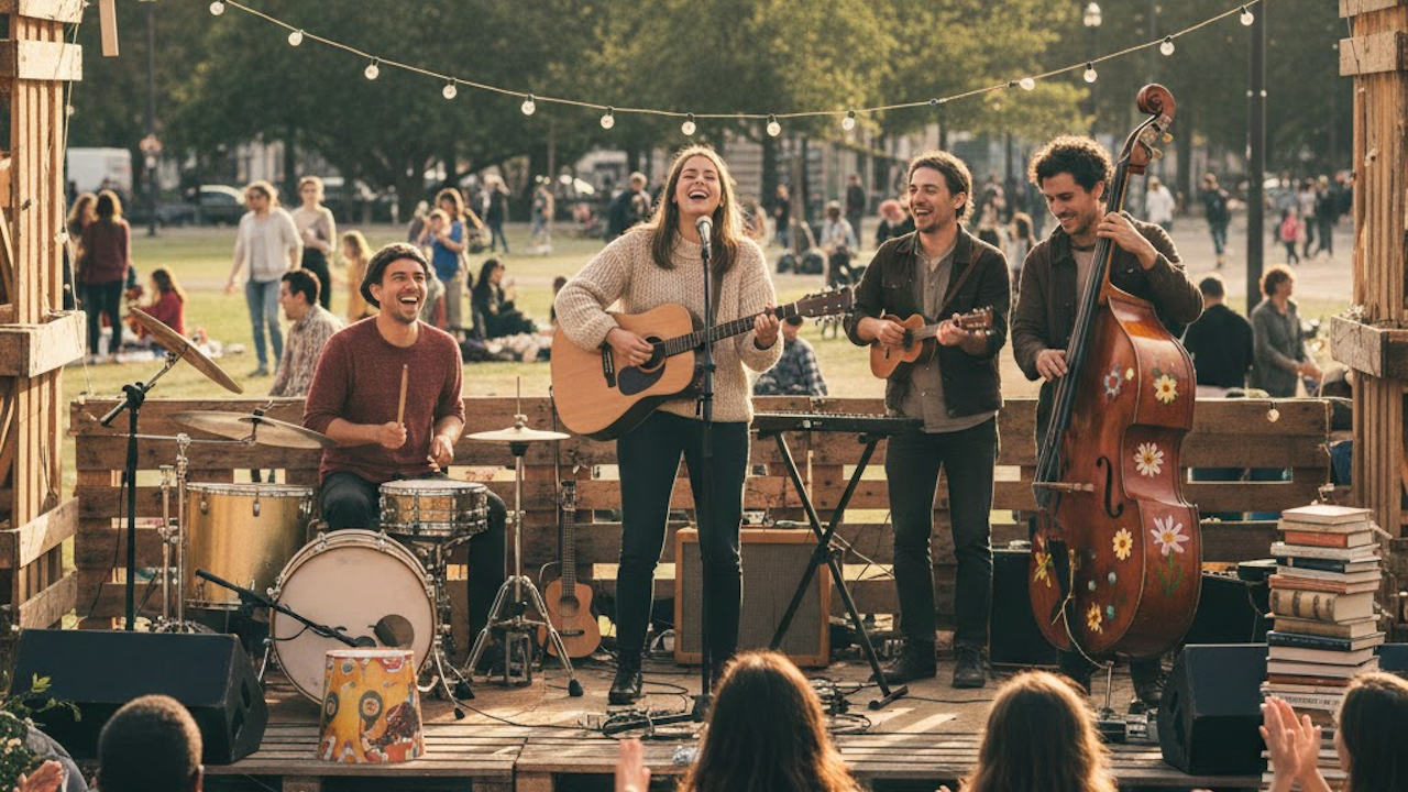A joyful folk band performs on a wooden outdoor stage in a sunny park: a smiling female lead singer with acoustic guitar, surrounded by a drummer, ukulele player, and upright bassist, with string lights and a happy crowd watching.