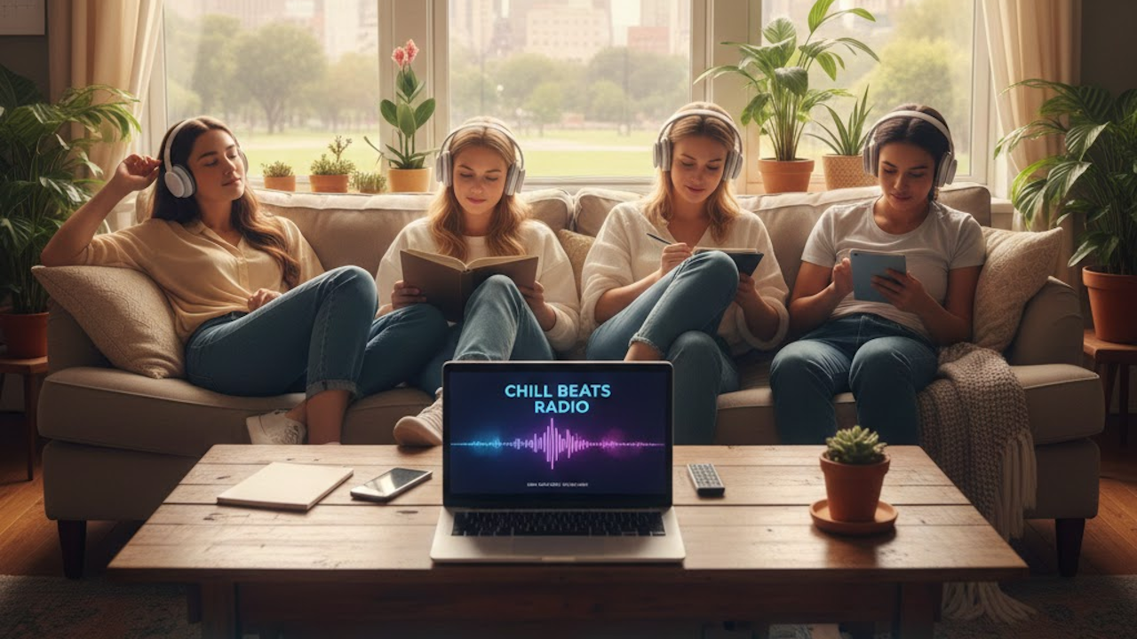 Four young women relax on a cozy couch in a sunny living room, wearing headphones and enjoying chill beats radio on a laptop, reading and writing peacefully with city park view through the window.