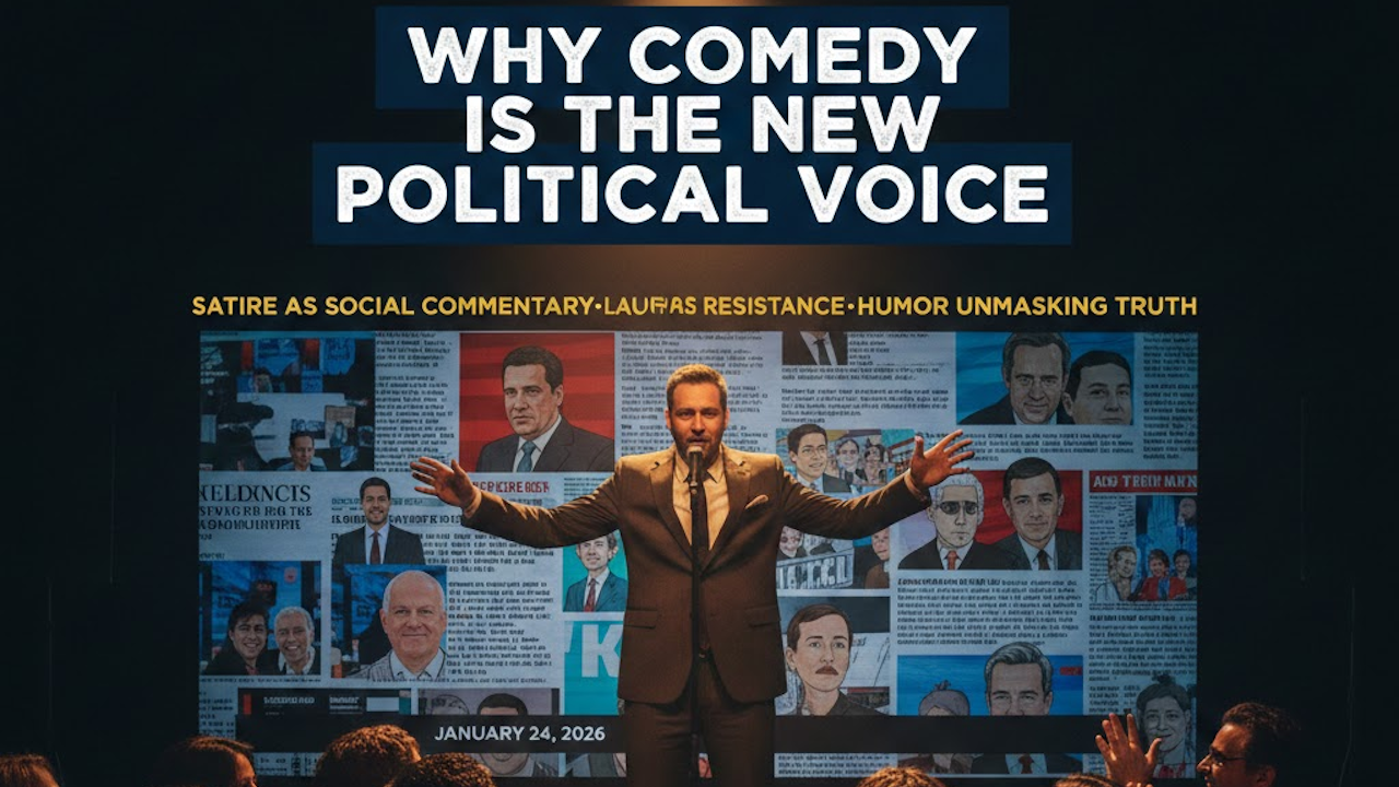 Man in suit with arms outstretched, mic in hand, before screen reading "WHY COMEDY IS THE NEW POLITICAL VOICE" and political caricatures.