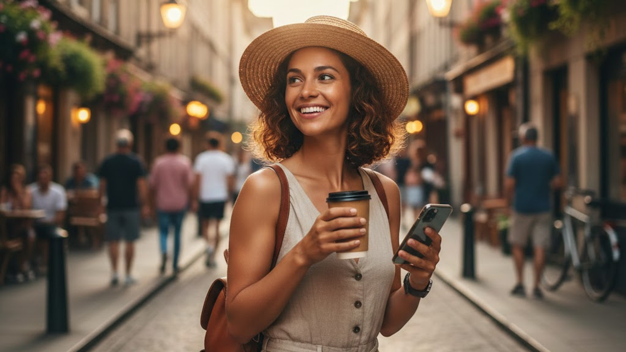 A joyful young woman with curly hair, wearing a straw hat and beige linen dress, smiles brightly while holding a coffee cup and phone on a sunny, flower-lined European street.