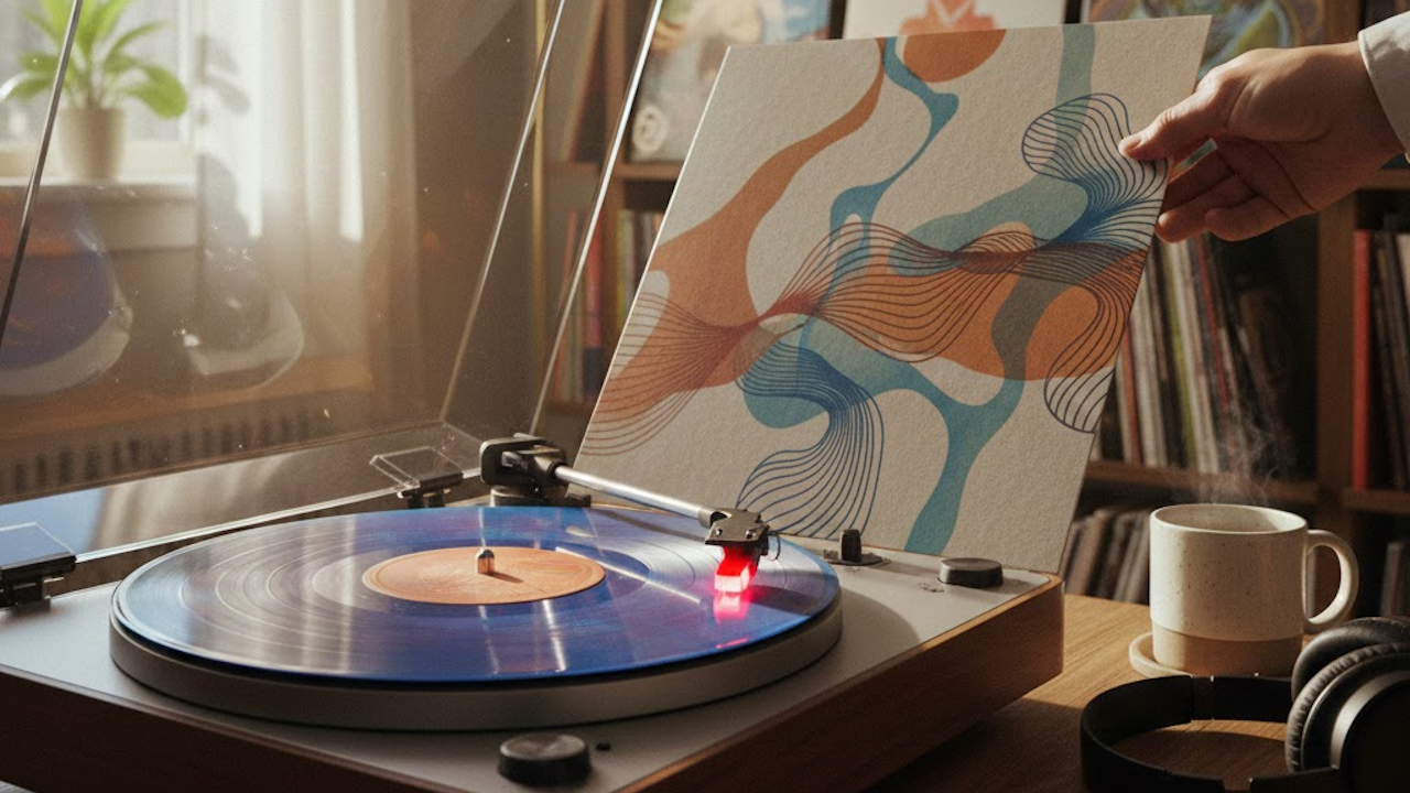 Hand holding abstract wavy artwork in orange, blue, and beige above a spinning blue vinyl record on a turntable, with warm room light and coffee nearby.
