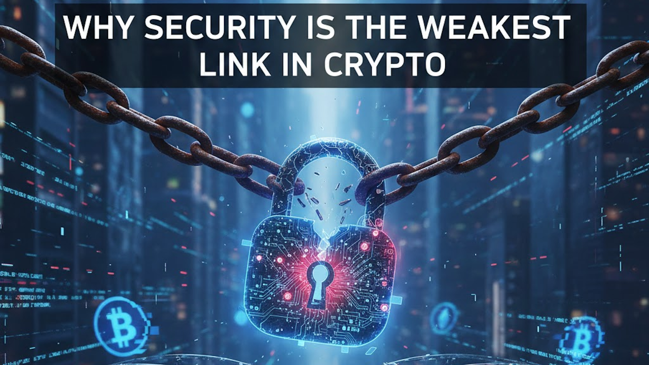 A dramatic image of a rusted chain with a broken padlock glowing in digital blue circuit patterns, symbolizing the vulnerability of security in cryptocurrency, overlaid with Bitcoin symbols and the text "WHY SECURITY IS THE WEAKEST LINK IN CRYPTO."