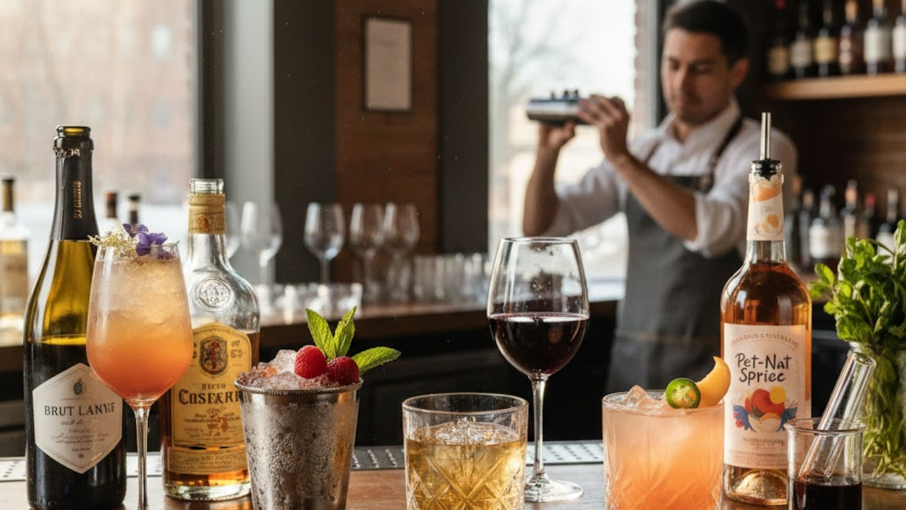 Bartender shaking a cocktail behind a bar lined with vibrant drinks: bubbly orange fizz, berry-topped mint julep mug, red wine, pet-nat bottle, and garnished cocktails on a wooden counter.