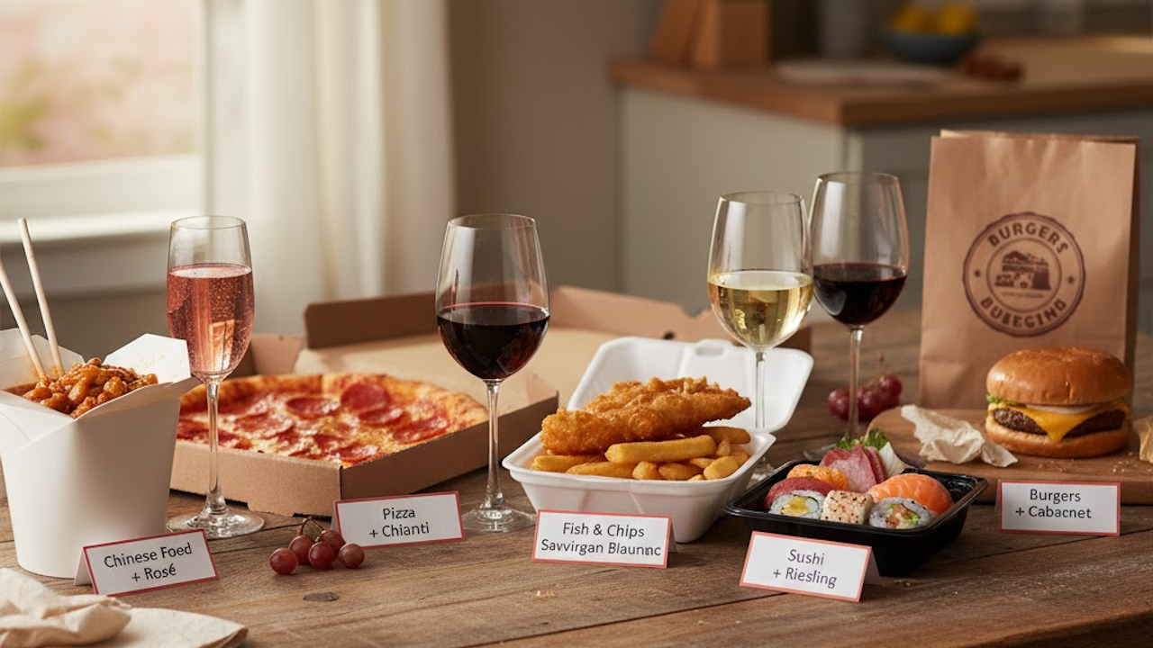 Table with Chinese food, pizza, fish and chips, sushi, and burgers, each paired with a different wine.