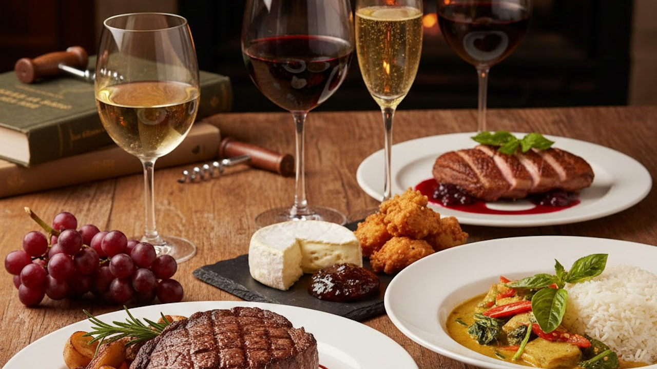 A luxurious dining setup featuring grilled steak, sliced duck breast with sauce, Thai green curry with rice, cheese board with grapes, and glasses of red, white, and sparkling wine by a warm fireplace.