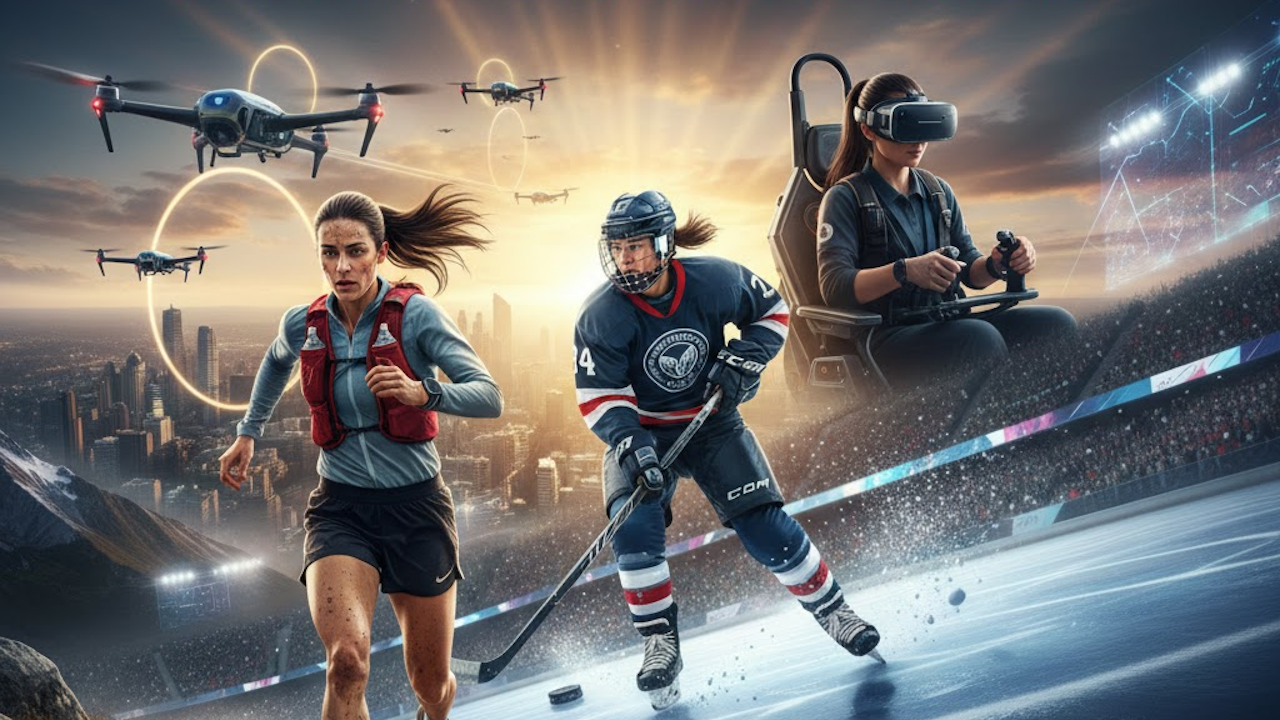 Female athlete sprints on track with drones overhead, hockey player skates on ice, VR user in simulator chair, futuristic stadium with dramatic lighting and digital effects.