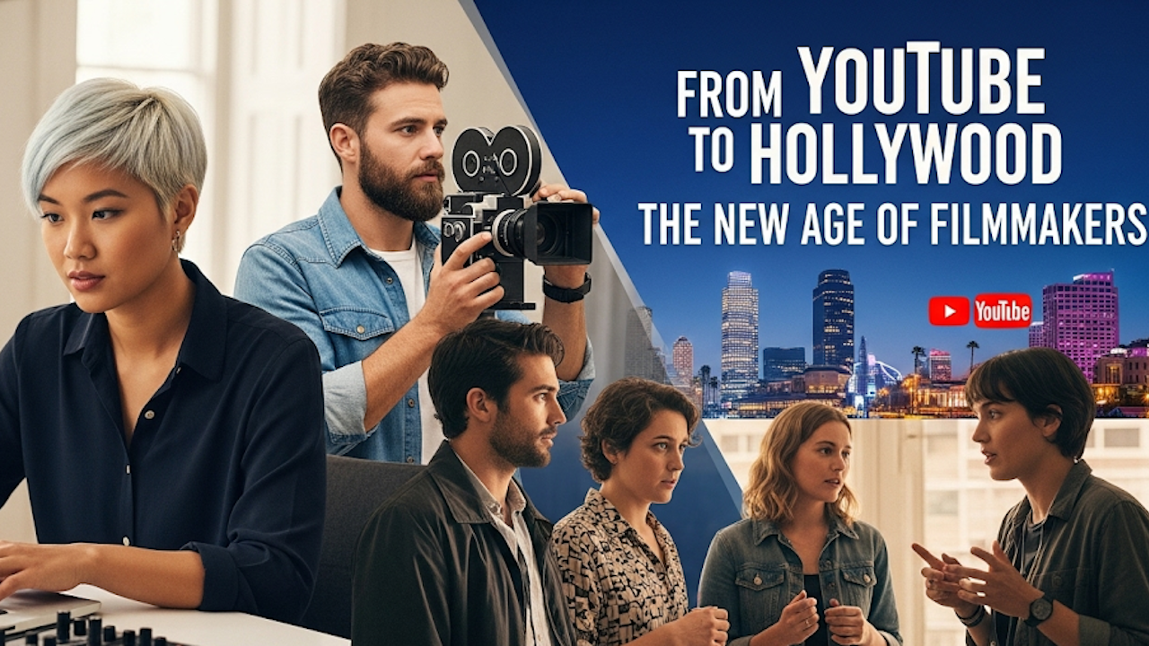 A man holding a camera indoors, surrounded by people, possibly in a filmmaking or creative environment.